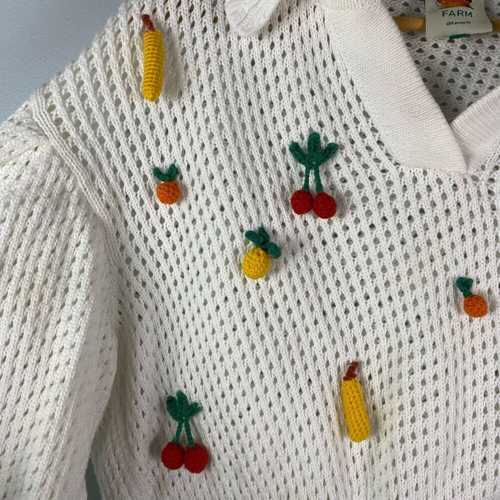 Farm Rio Off-White Crochet 3D Fruit Polo Knit Sweater Top - Picture 7 of 10